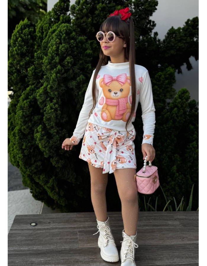 Conjunto urso lacinho no short saia 