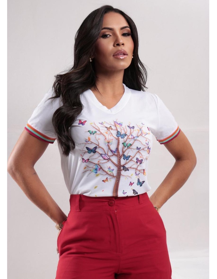 T-SHIRT DE PUNHO ÁRVORE DE BORBOLETAS