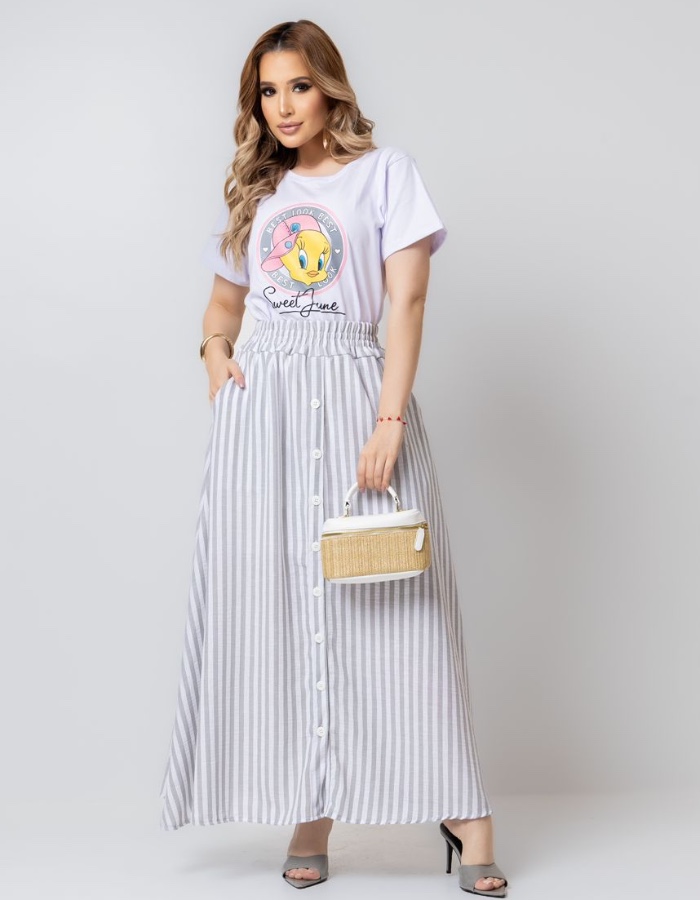 CONJUNTO TEE BEST E SAIA LONGA DE LISTRAS COM BOTOES