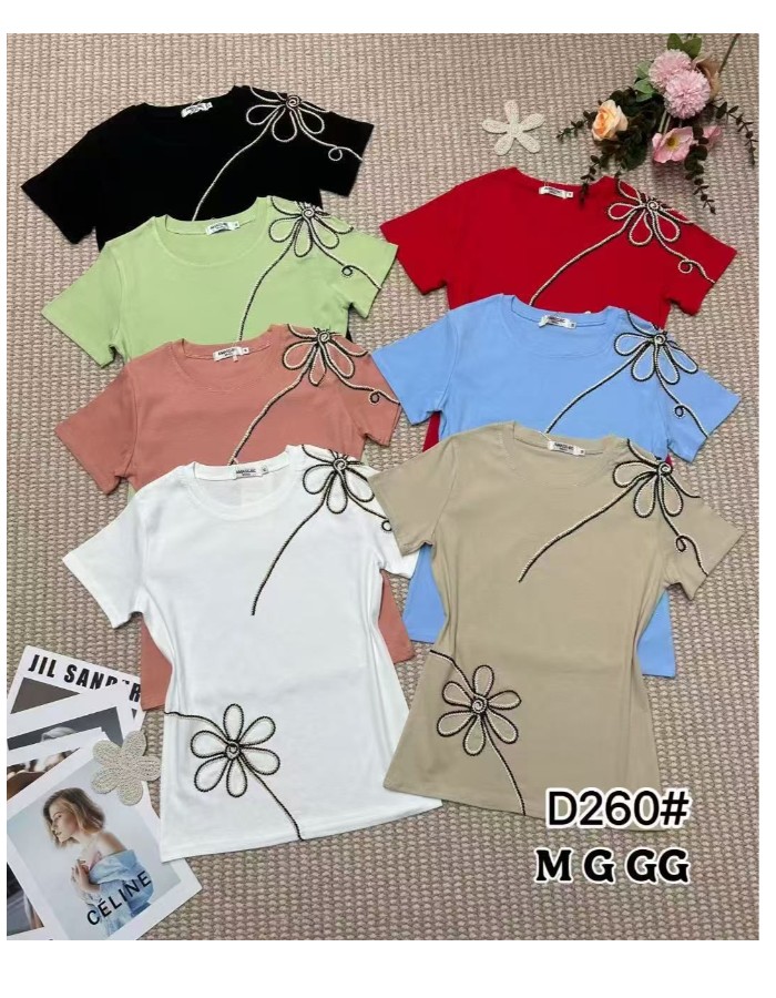 T-SHIRT DE ALGODÃO C/ ELASTANO DETALHE DE FLOR BORDADA