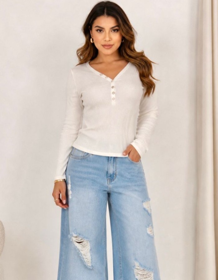 Blusa Manga Longa Canelada Botões 