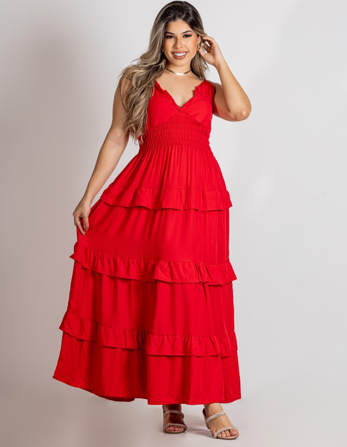 VESTIDO LONGO ALÇA BABADO EM VISCOLINHO