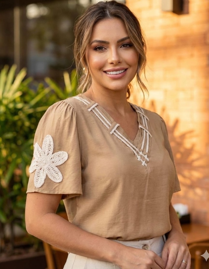 Blusa com detalhes na gola e bordado na manga 
