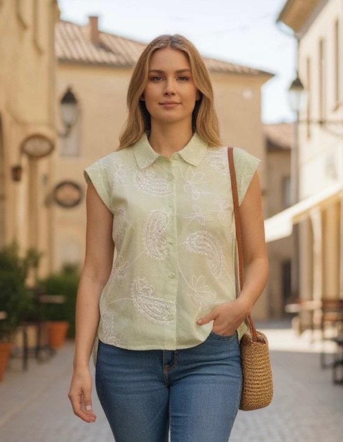 Blusa regata bordada com botões 