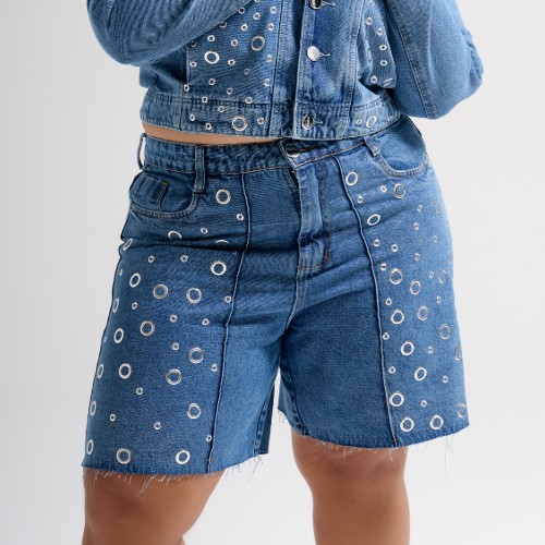 JORTS SOLTINHO MARMORIZADO COM ILHOS PRATEADOS 100%