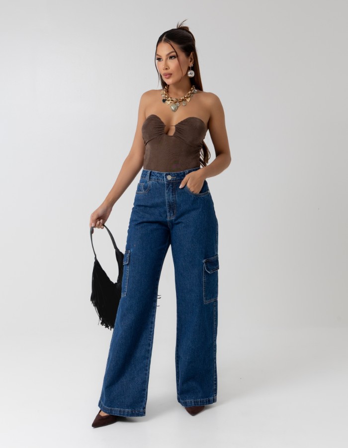 CALÇA WIDE LEG CARGO 2BOLSOS 100% ALGODÃO