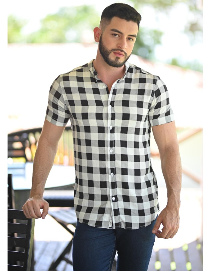  Camisa Viscose Xadrez M/C Branco/Preto 