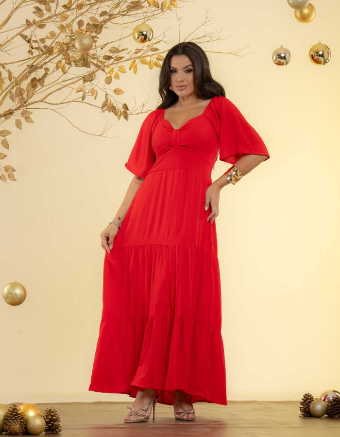 VESTIDO LONGO DETALHE NO DECOTE ( TEC. VISCOLINHO )