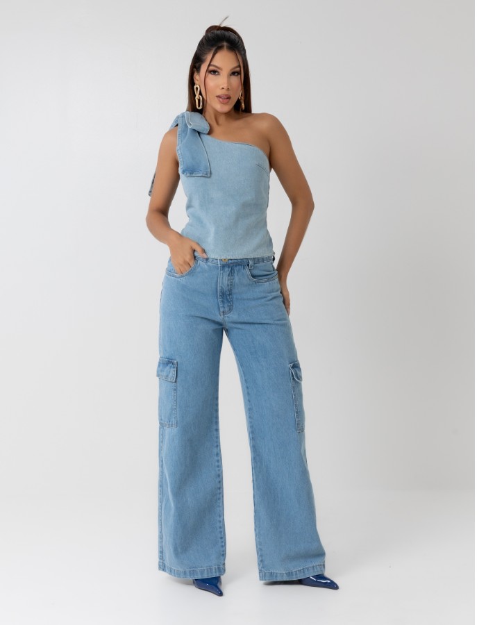 CALÇA WIDE LEG CARGO 2BOLSOS 100% ALGODÃO