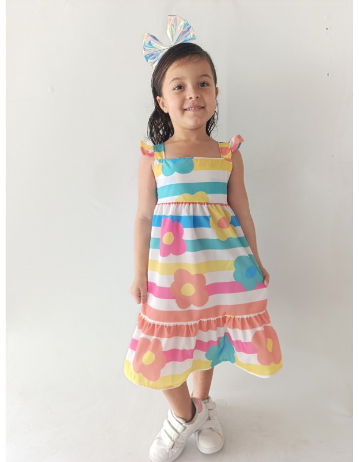 Vestido luna listra flor tecido 100% algodão