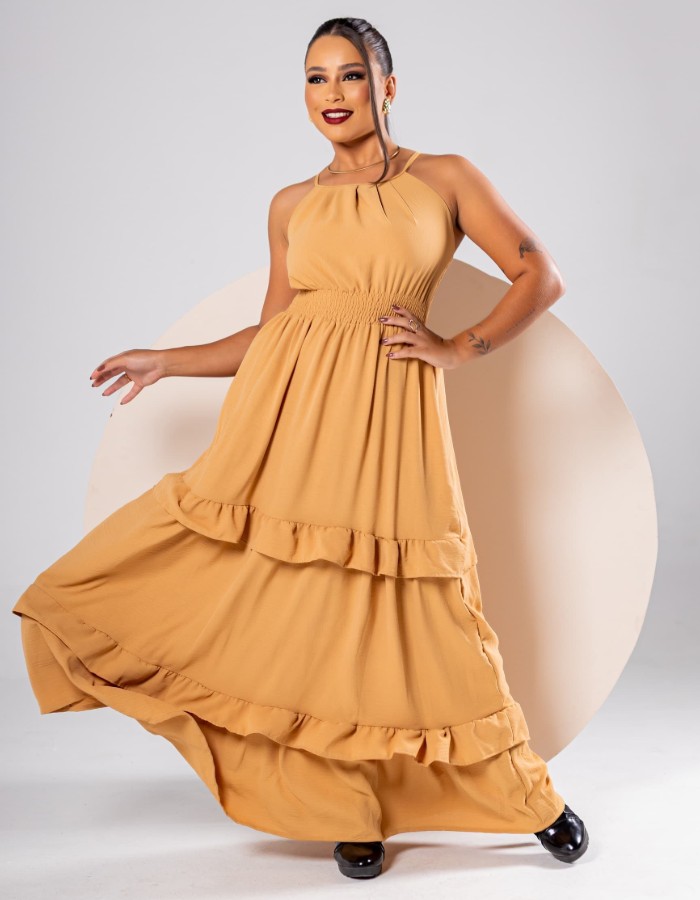 VESTIDO LONGO ALÇA PREGAS EM CREPE DUNA