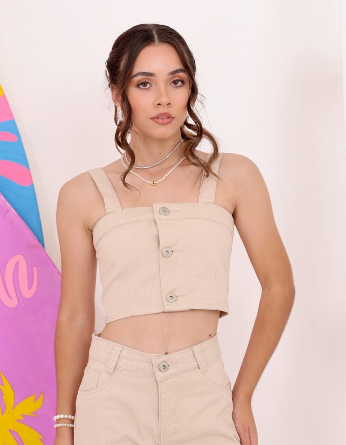 CROPPED JUVENIL BEGE COM BOTÃO