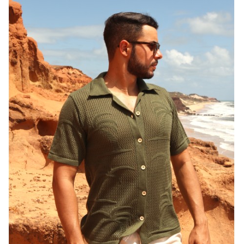 CAMISA GOLA CUBANA TRICOT BORDADA 