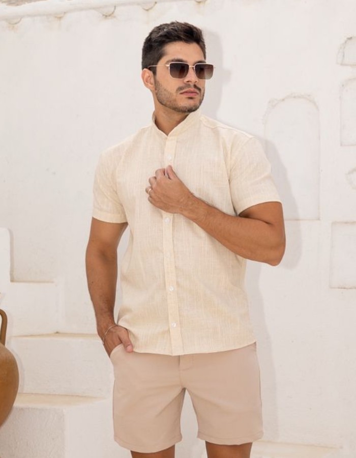 Manga curta Linho Boston Gola padre