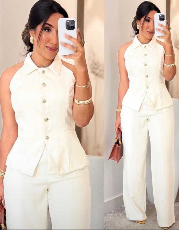 CONJUNTO ALFAIATARIA C/ CALÇA PANTALONA E COLETE C/ GOLA