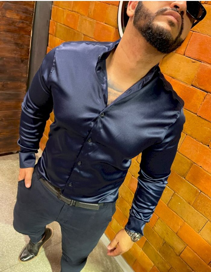 Camisa Acetinada Longa marinho