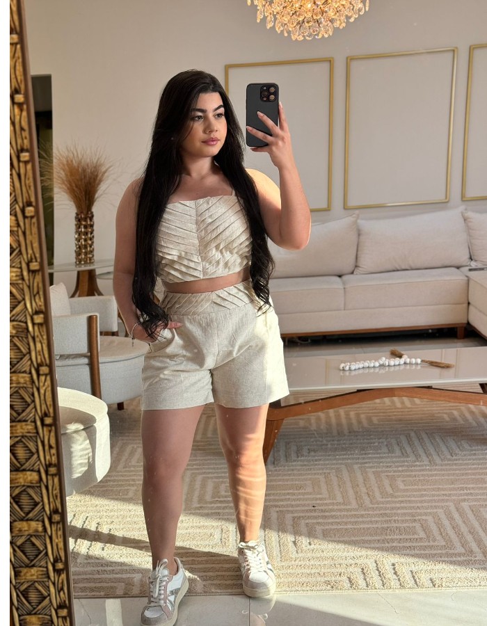 conjunto em tecido tamanho G cores coral e cinza