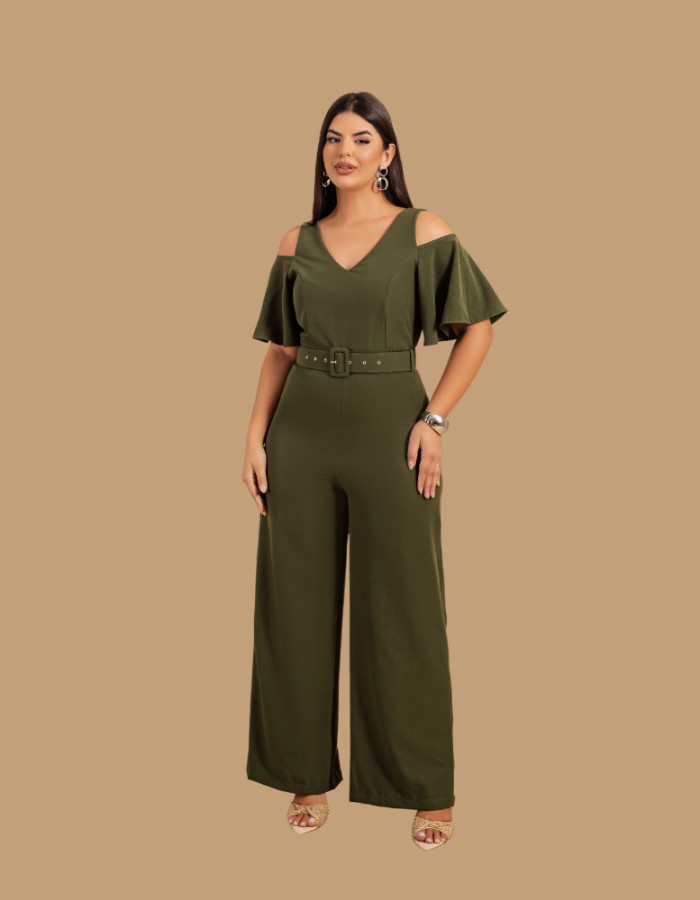 Macacão Manga Vazada Com Cinto Coberto 