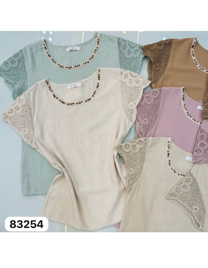 BLUSA LINHO COM ALGODÃO E MANGA EM CROCHE