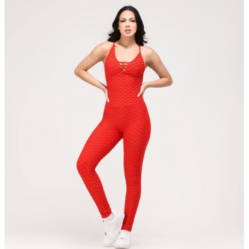 Macacão alça tecido bolha empina bumbum