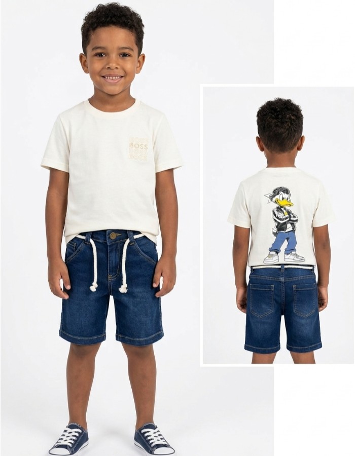 CONJUNTO BOSS COM CAMISETA ESTAMPA NA FRENTE E COSTA + SHORT JEANS