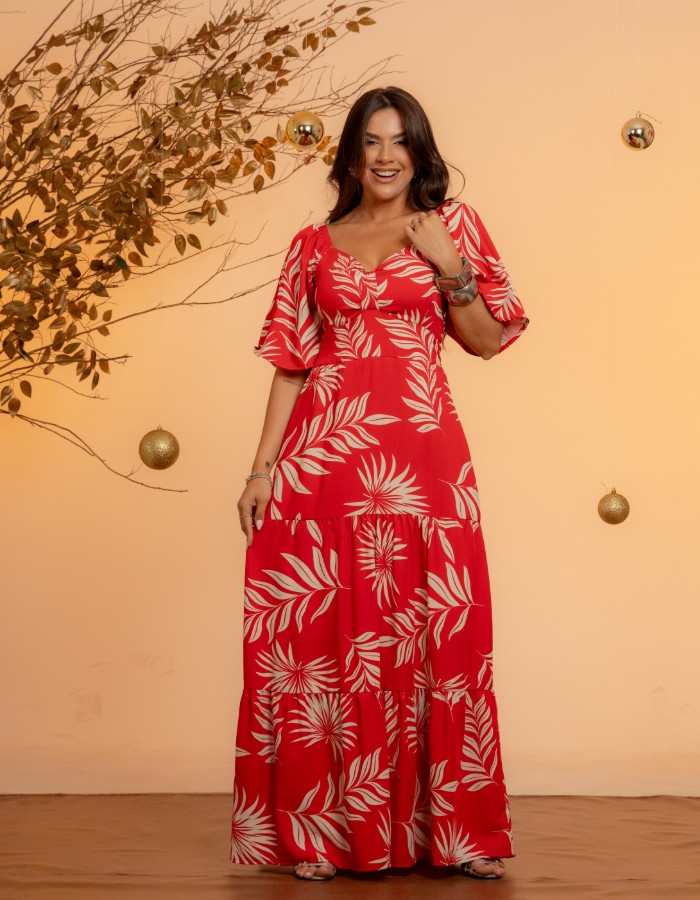 VESTIDO LONGO DETALHE NO DECOTE ( TEC. VISCOLINHO )