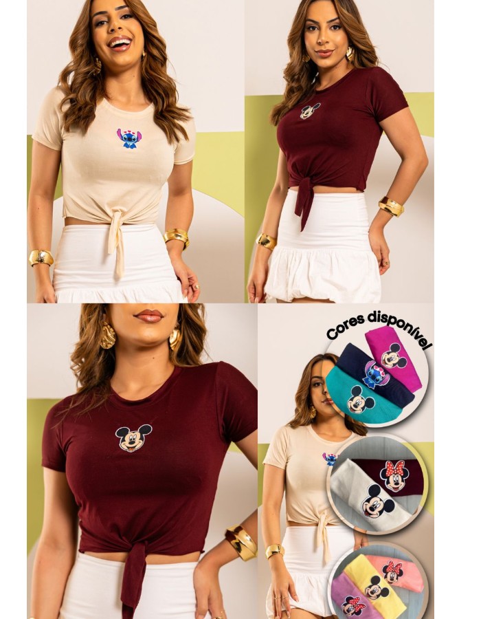 CROPPED DE AMARRAR C/MANGA ESTAMPA PERSONAGEM