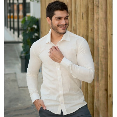 Camisa manga longa linho gola tradicional 