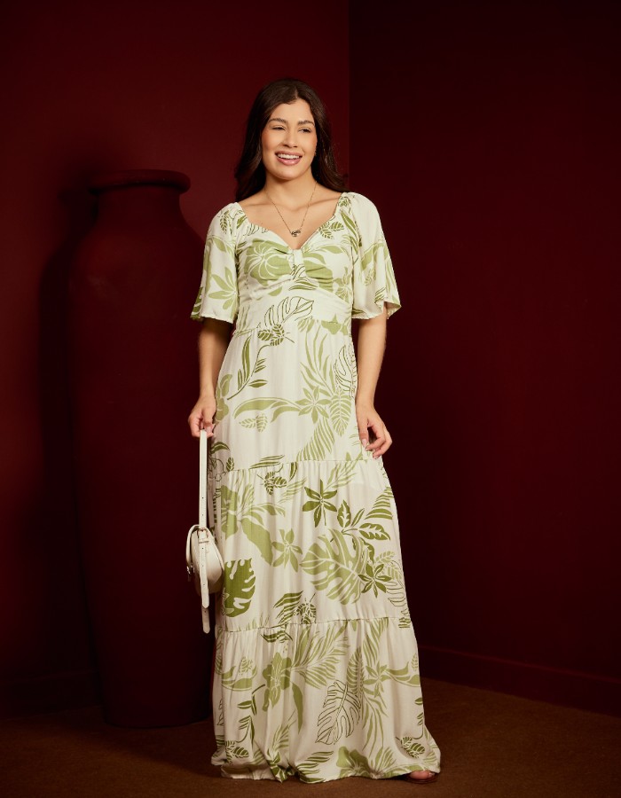 VESTIDO LONGO DETALHE NO DECOTE ( TEC. VISCOLINHO )