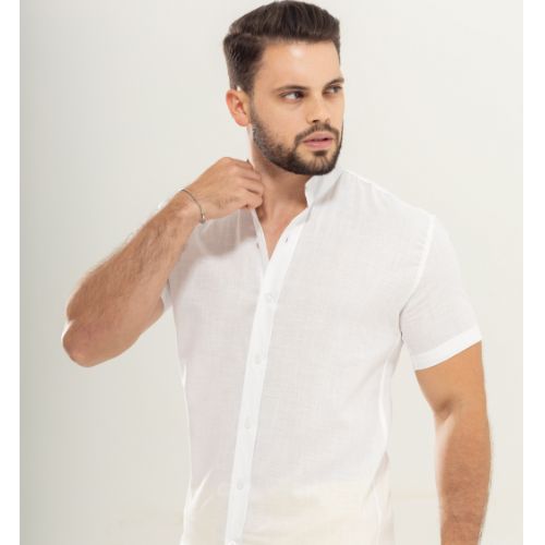 Camisa manga curta linho gola padre