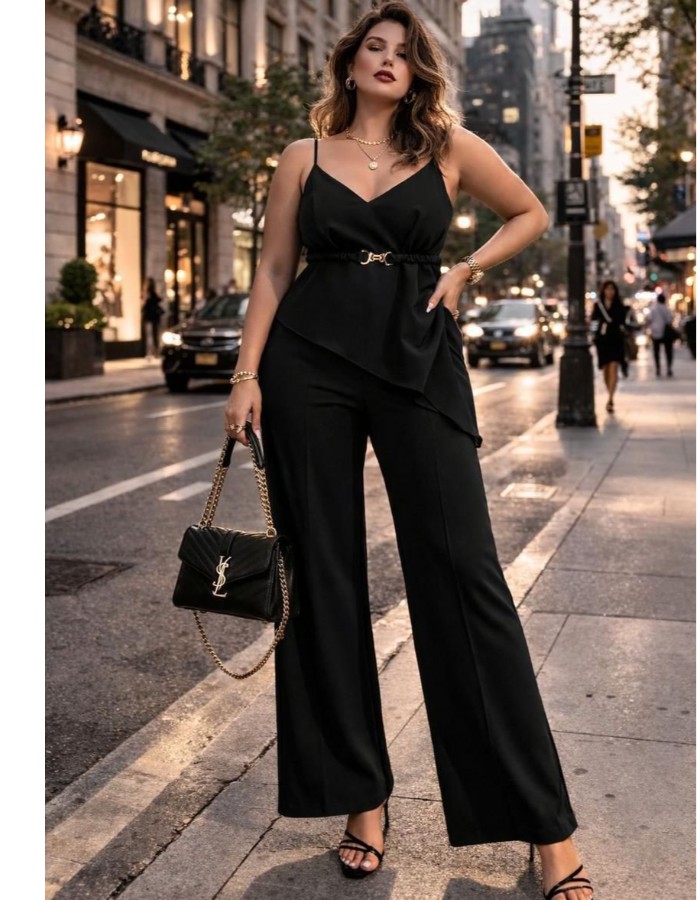 conjunto de calça com blusa asimetrica