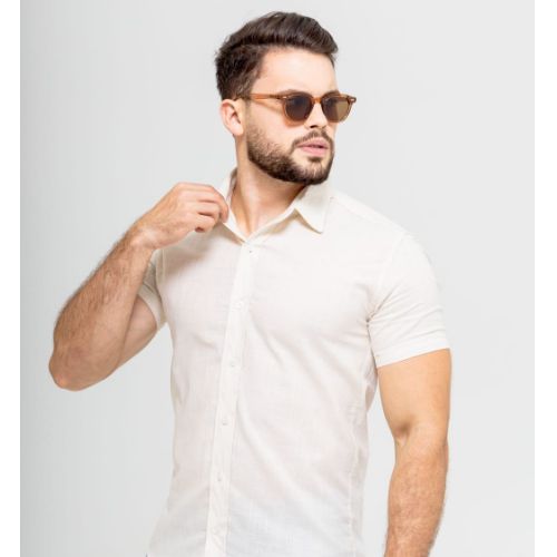 Camisa manga curta linho gola tradicional 