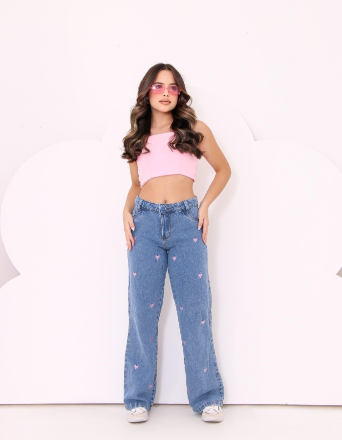 CALÇA WIDE LEG BORDADA CORAÇÃO 