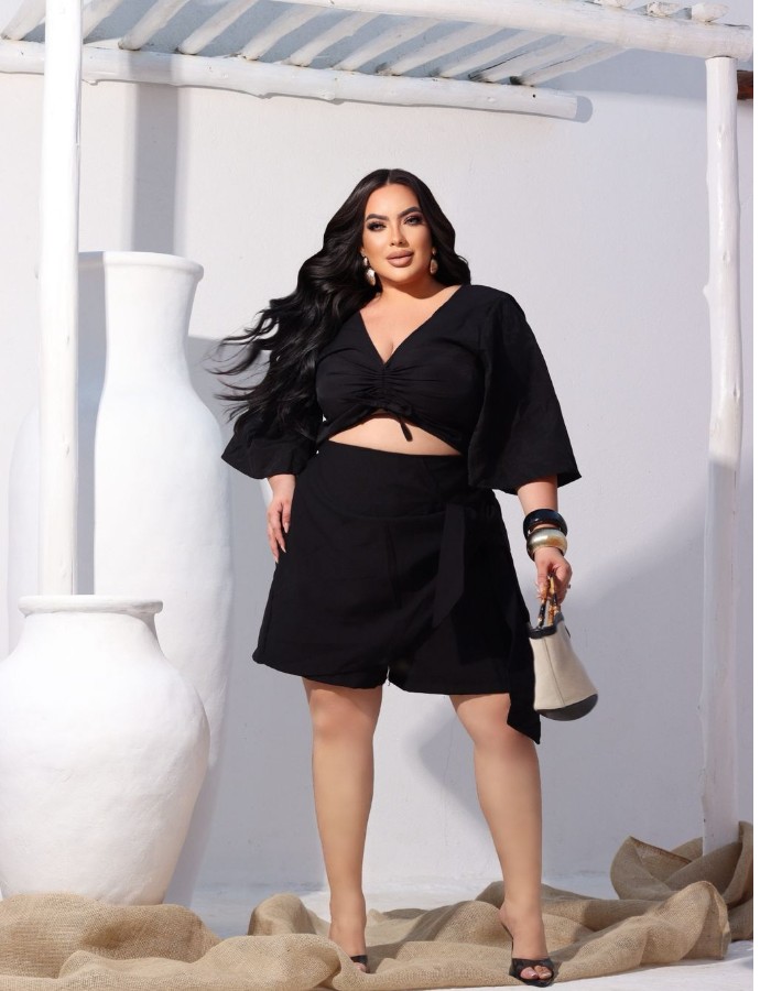 conj de short cintura alta com crooped de rolite